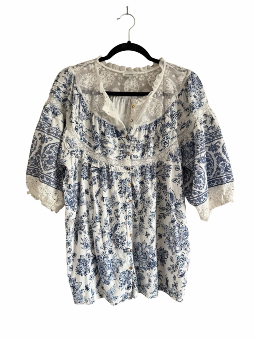 Sundance Antinea Floral Lace Yoke Button Front Blouse Size L